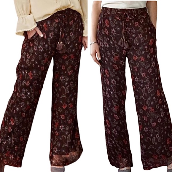 Sundance Misha Pants Floral Wide Leg Gauzy Lined Pull On Tassel Tie Closure - Picture 2 of 16